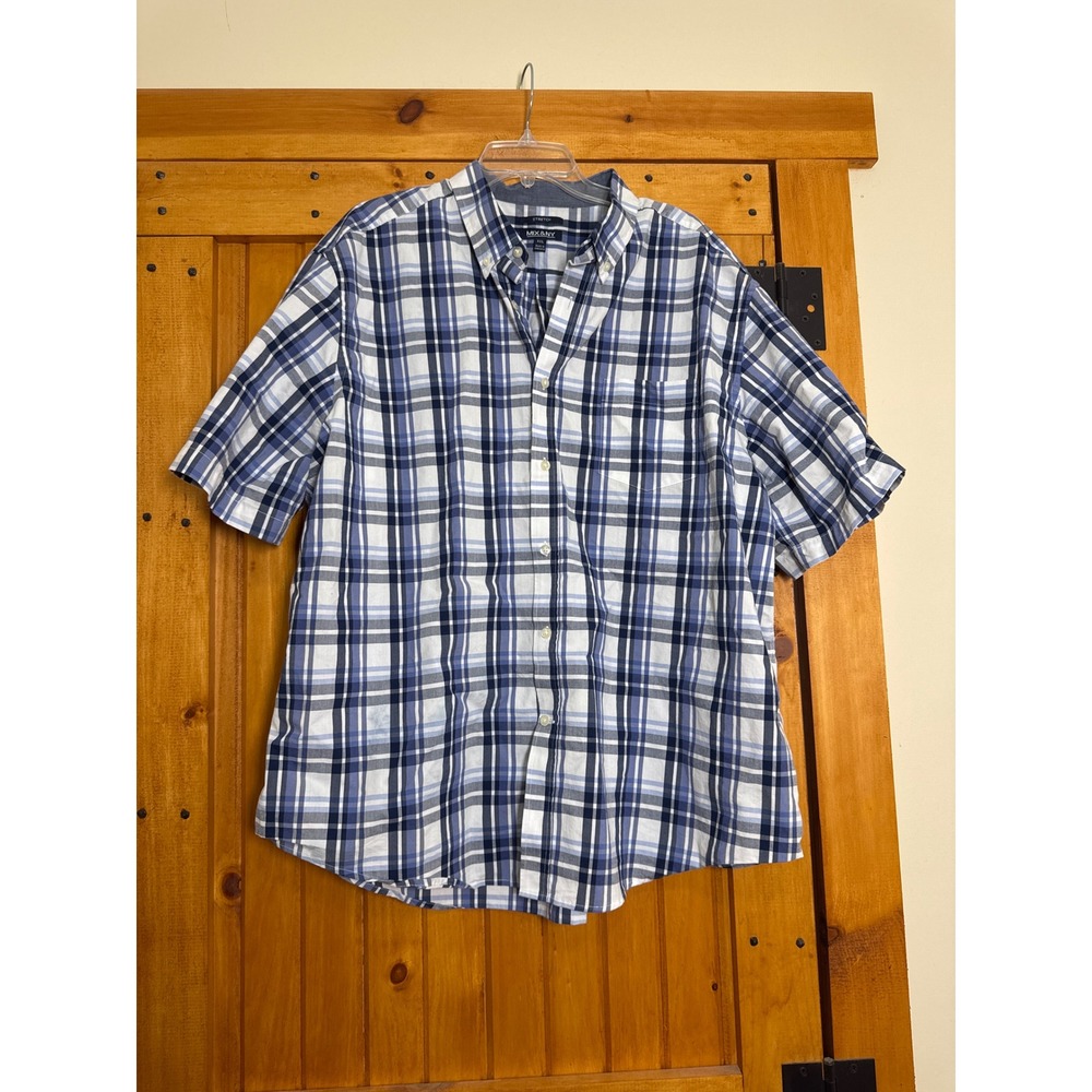 Mix & NY Mens XXL Blue White Plaid Stretch Short Sleeve Button Down Shirt